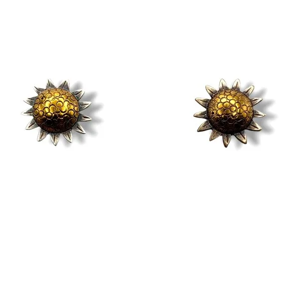 Vintage Jabor Sunflower Stud Earrings Pewter Brass Post Pierced - Picture 9 of 11